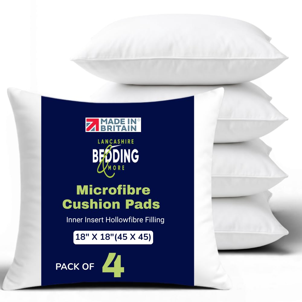 Lancashire Bedding Pack Of 4 Microfibre Luxury Cushion Pad Inner Insert Hollowfibre Filled Square Bounce Back Cushions Anti-Allergenic Light Weight Back Support 18X18 Bed Pillow (45X45cm)