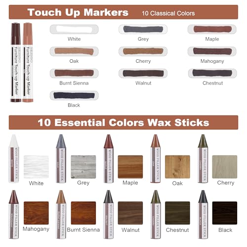 Image of SEISSO Wood Furniture Repair Kit, New Improved 10 Colors Touch Up Markers and Crayons with Polish Wax, Covering Damaged Wooden Surfaces and Floors, Scratches, Stains, Cracks and Dents(25 PCs)