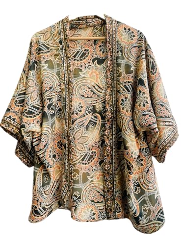 Bohemian Silk Kimono Jacket – Short Vintage Duster Boho Cardigan, Versatile Beach Cover-Up or Casual Layering for Women