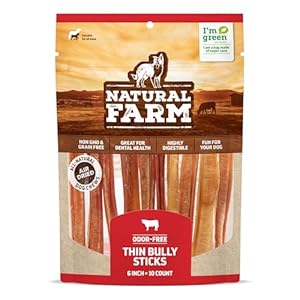 Natural Farm Odor-Free Thin Bully Sticks (6”, 10-Pack) All-Natural Long-Lasting Dog Chews, 100% Beef Pizzle, Grass-Fed, Grain-Free, Protein for Muscle Development & Energy, Perfect for Medium Chewers
