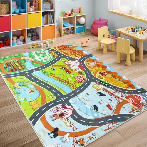 Kids Educational Rug 3x4 Town Country Barn Track Road Carpet Playmat