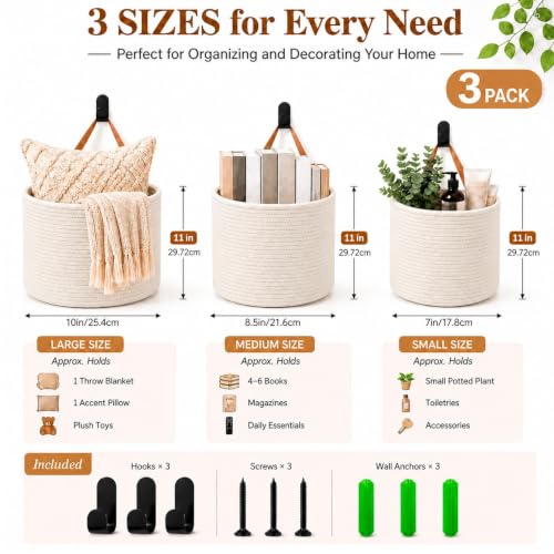 Image of Honeydak 3 Hanging Baskets, White, Cylinder, Cotton Rope
