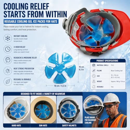 Image of Reusable Cooling Gel Ice Packs for Hats, Adjustable Cold Therapy Headband Inserts for Hard Hats, Sun Hats, 4-Hour Relief for Construction Workers, Migraines, Heat Stroke Prevention, 4 Pack