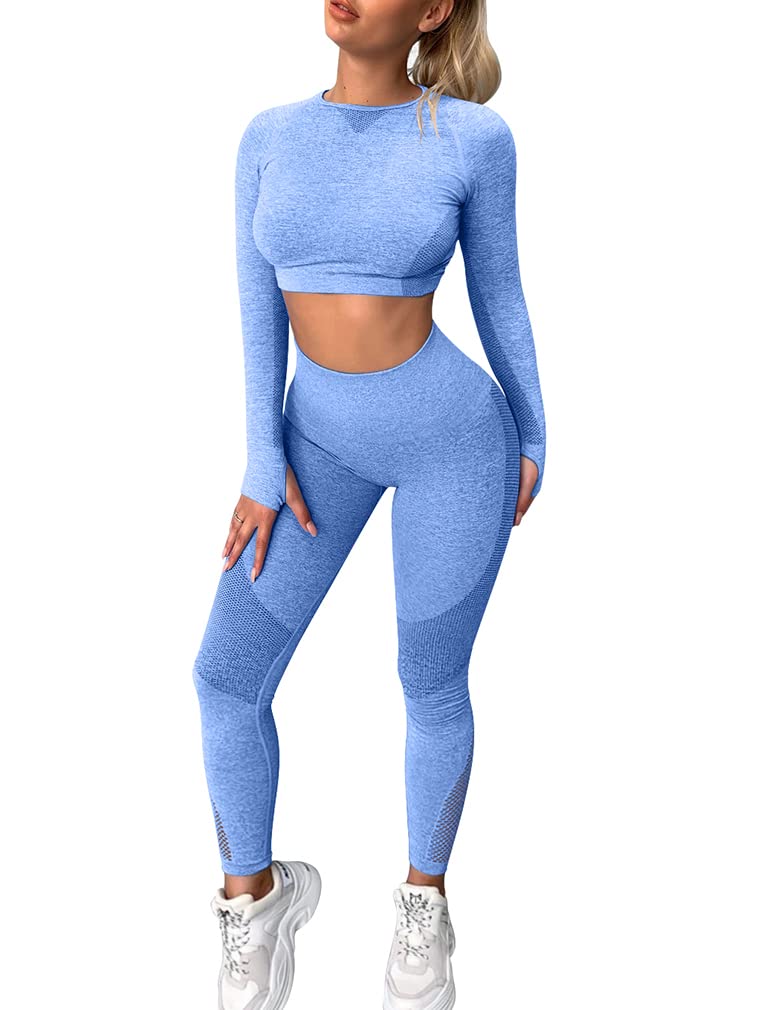 Women's Athletic Outfit Yoga 2 Piece Workout High Waist Leggings with Long Sleeve Crop Top Set