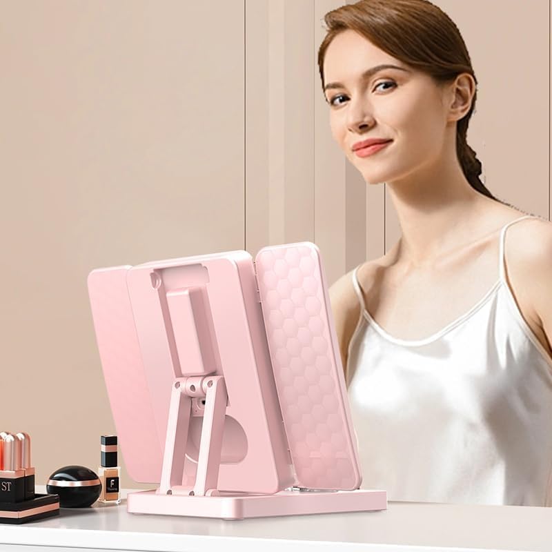 CHIDDHAN Tri-Fold Tricolor LED Vanity Mirror with Adjustable Warm/White/Neutral Light, Magnifying Sides & Portable Foldable Stand for Professional Makeup (White, Pink) 1