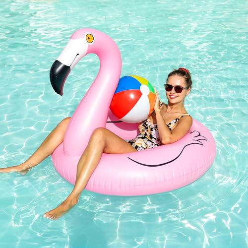 FindUWill 2 Pack Pool Floats with 2Pcs Beach Balls, 46'' Flamingo Pool Float 57'' Large Unicorn Pool Floaties for Adult, Heavy Duty Inflatable Swimming Rings Pool Accessories for Pool Water Party