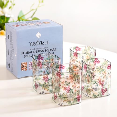 Image of Nestasia Printed Borosilicate Glasses Set of 4 (230ml Each) - 100% Food Safe & Durable Glassware with Vibrant Floral Design | Small Square-Shaped Tumblers for Water, Juice, Mocktails & Iced Tea