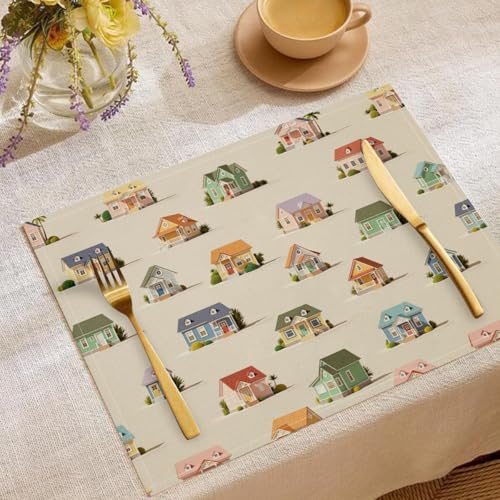 Juego de 2 Piezas Individuales de para Casas de Dibujos Animados de Colores,diseño de Edificio Infantil Divertido,Lavable,Poliéster Estilo Lino,rústico,decoración de Mesa para Interiores y Exteriores
