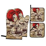 Yiftd Oven Mitts and Pot Holders 4pcs Set Vintage Waterproof Oven Glove Kitchen Gloves and Hot Pads