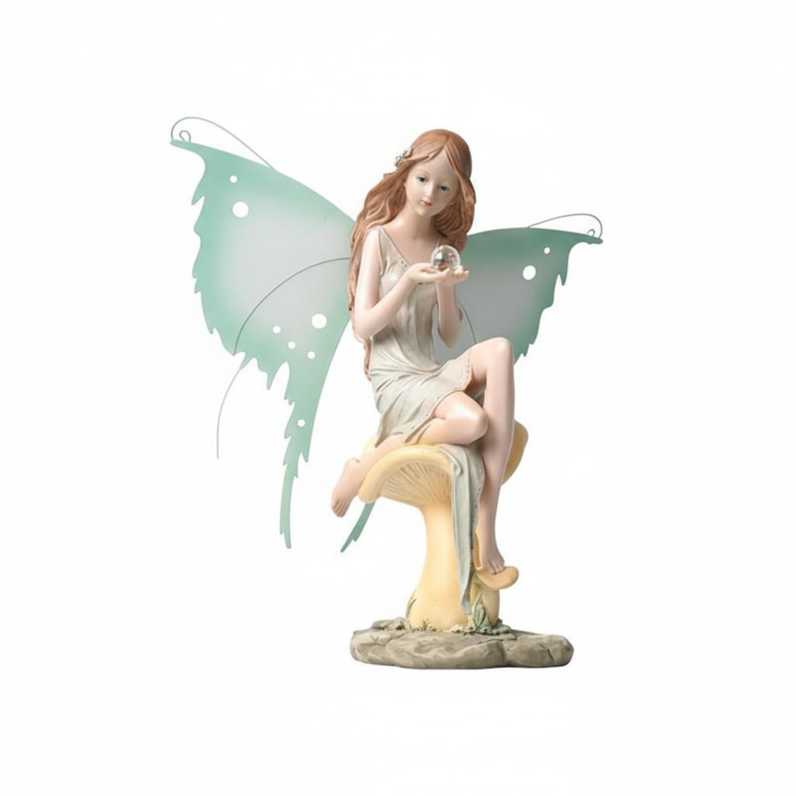 Ángel Figura Decorativa Estatua Hada Escultura de Jardín en Resina Sintética con Detalladas y Bola Cristalina Adecuado para Regalo Oficina Estudio Sala de Estar, Mirando Abajo