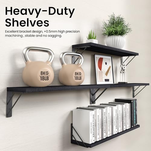 Image of BAYKA Wall Mounted Floating Shelves, Wood Floating Wall Shelf for Books & Decor, Small Space-Saving Display & Organizer(Black,23in,Set of 4)