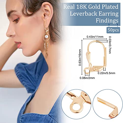 Beebeecraft 1 Box 50Pcs Leverback Earring Findings 18K Gold Plated French Earring Hooks 16x11mm Leaf Pattern Interchangeable Dangle Ear Wire Findings for Jewellery Making - Image 2