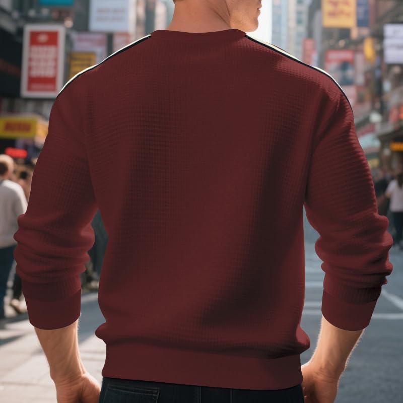 Men's Spring/Autumn Classic Striped Shirts Solid Color Waffle Round Neck Long Sleeve Pullovers Fashion Loose Top