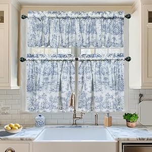COTTON CRAFT Café Curtains - Tier Window Treatment Curtains - Blue White French Country Toile Print 3 Pack Set with Valance - 100% Cotton Kitchen Farmhouse Country Rustic Laundry Bedroom Curtain Set COTTON CRAFT Cafe Curtains Tier Window Treatment Curtains Blue White French Country Toile Print 3 Pack Set with Valance 100 Cotton Kitchen Farmhouse Country Rustic Laundry Bedroom Curtain Set