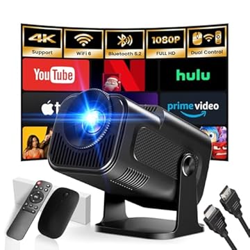 [App integrata] Proiettore 1920 * 1080P 4K Mini Proiettore Portatile 2025 Upgraded Dual Control con Mouse Android TV WiFi 6 BT5.2 180° Rotation HDMI/TV Stick/USB/PS5, con Cavo HDMI e Mouse, Nero
