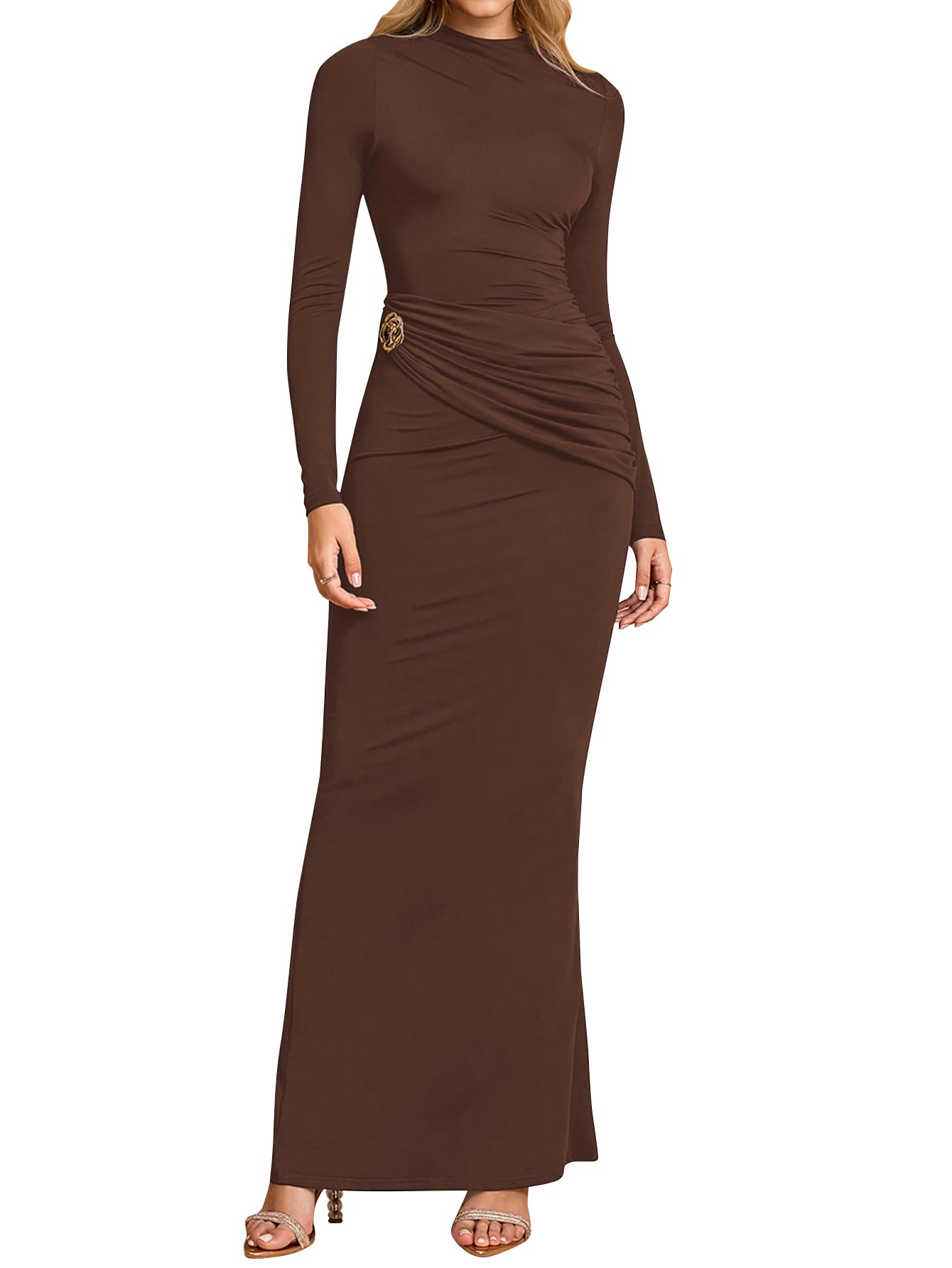 Women's Long Sleeve Ruched Bodycon Maxi Dress Fall Winter Formal Elegant Cocktail Party Dresses