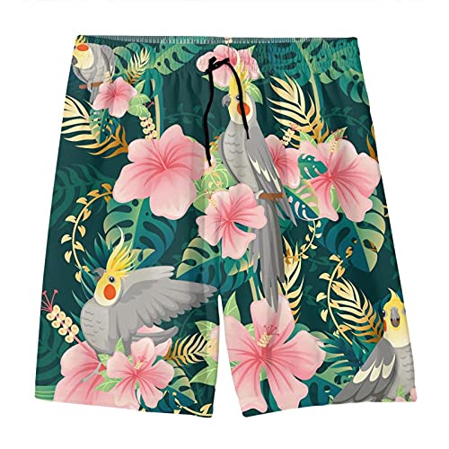 Cute Cockatiel Parrot Leaves Teen's Summer Hot Pants Drawstring Elastic Waist Boxer Trunks Gym Beach Shorts with Pockets for 14-16 Years Old