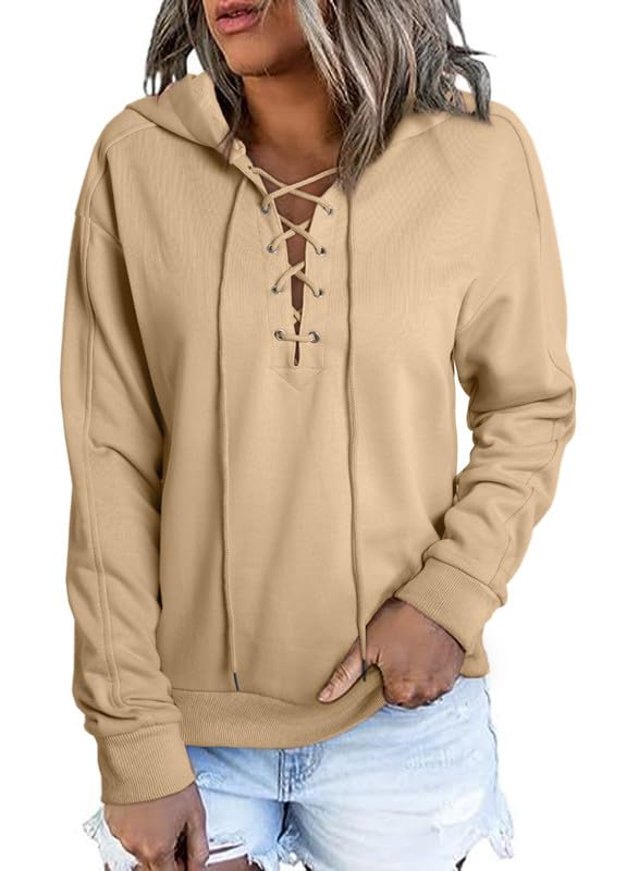 Dokotoo Womens Winter Autumn Fashion Cute Drawstring Hoodies Sweatshirt Long Sleeve Sexy Lace Up Criss Cross V Neck Sweatshirts Pullovers Shirts Plain Casual Hooded Fall Tops Khaki XXL