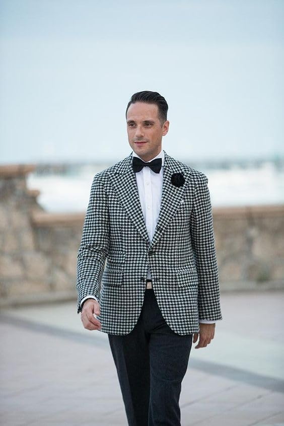Mens Houndstooth Grid Plaid Tuxedo Blazer Dogstooth Peak Lapel Suit Business Dress Slim Fit Suit Customize4