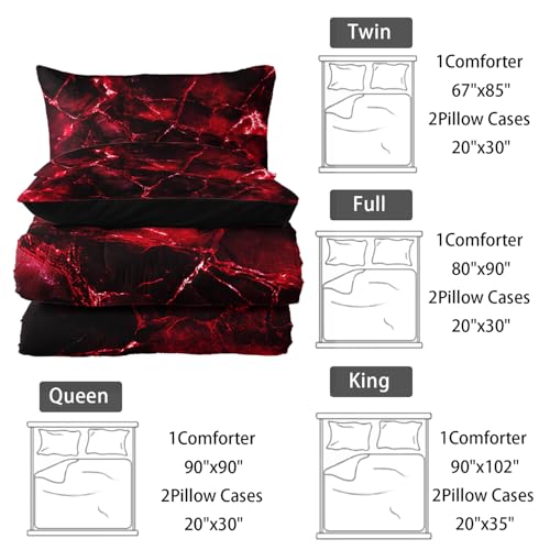 Image of Nttopship Red Comforter Set King Size,Red Marble Bedding Set 3 Pcs Bedding for Adults, Marble Room Decor with Comforter and 2 Pillowcases Soft and Lightweight B-Side Black