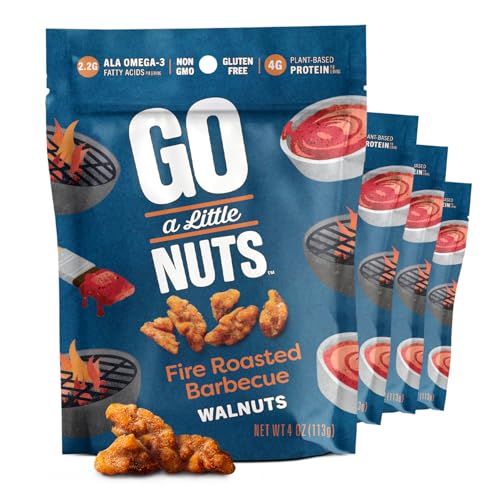Image of Go a Little Nuts Fire Roasted Barbecue Walnuts, 4 oz Snack Pack (Pack of 4) Tangy and Sweet, Plant Protein, Non-GMO, Peanut Free, Gluten-Free Healthy Snack for Kids and Adults