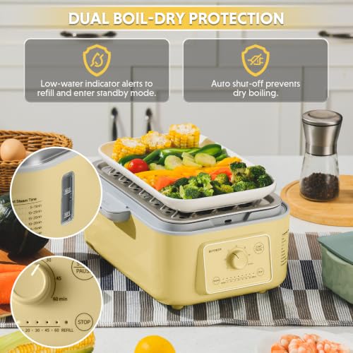 Image of BUYDEEM G52 10.6Qt Electric Food Steamer for Cooking, Mellow Yellow | 1-4 People, 2-hour Keep Warm, 7 Preset Timings, Dual Boil-Dry Protection, Stainless Steel, Glass Lid, 2 Tier