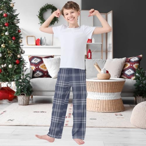 Boy's Pants Plaid Blue Grey Jogger Pants Elastic Waist Long Bottoms Trousers with Pockets 6-14 Years2