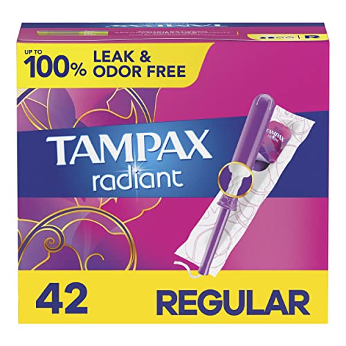 Tampax Radiant Tampons Regular Absorbency With Bpa-Free Plastic Applicator And Leakguard Braid, Unscented, 42 Count #TOP25