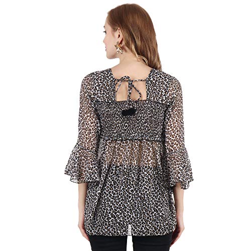 Image of POPWINGS Printed Chiffon Peplum Tops for Women || 3 /4th Sleeves Square Neck Women Tops for Summer || Stylish Western Smocking Women Tops
