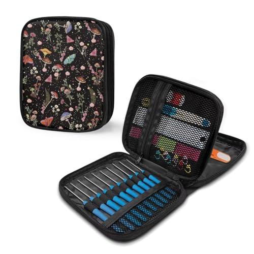 Image of Crochet Hook Case Mushroom Crochet Hook Holder Portable Crochet Hook Storage Bag with Web Pockets Suitable for Crochet Needles /Knitting Accessories