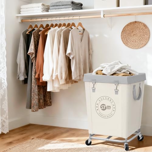 STORAGE MANIAC Commercial Laundry Hamper with Heavy Duty Steel Frame, 160 L Industrial Laundry Basket Cart with Wheels for Hotel, Home, Laundry Room, 18''L x 18''W x 31''H, Medium Beige - Image 3