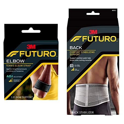 FuturoTennis Elbow Strap Adjustable size | Black color | Elbow support | 1 Unit/pack + Futuro Comfort Stabilizing Back Support 2L-3XL size | Beige/Grey color | 46917EN | Firm support | 1 unit/pack