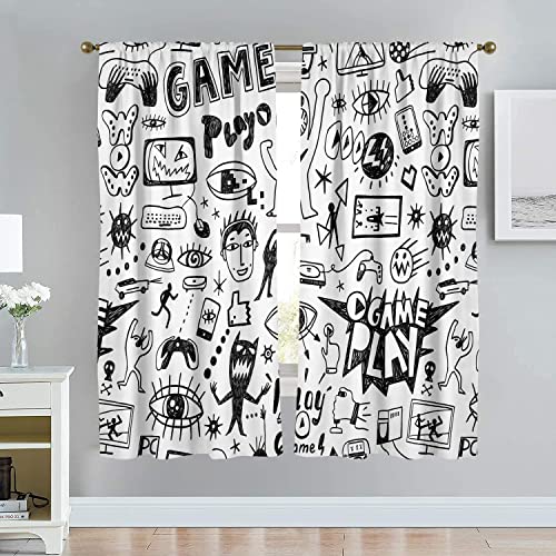 Zokyer Gaming Gamer Window Curtain Boys Teen Video Games Kids Black White Racing Monitor Device Gadget 90'S Art Printed 42" W X 63" L Curtains For Living Room Bedroom Bathroom 2 Panels Drapes #TOP2