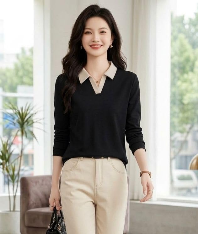 Image of Women's Polo T-Shirt | Long Sleeve Casual T-Shirt for Womens || Soft Comfortable Korean Style Trendy Top for Women