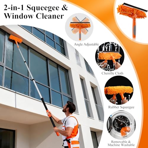Image of 20ft High Reach Window Squeegee with 12ft Heavy-Duty Extension Pole | 2-in-1 Telescopic Window Washer & Squeegee, Washable Streak-Free Window Cleaning Kit for Indoor /Outdoor High Rise Windows