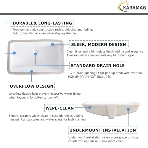 Image of 27 Inch Undermount Bathroom Sink Rectangle Undermount Sink White Ceramic Under Counter Bathroom Sinks with Overflow (27.3 inchx16.5 inch)