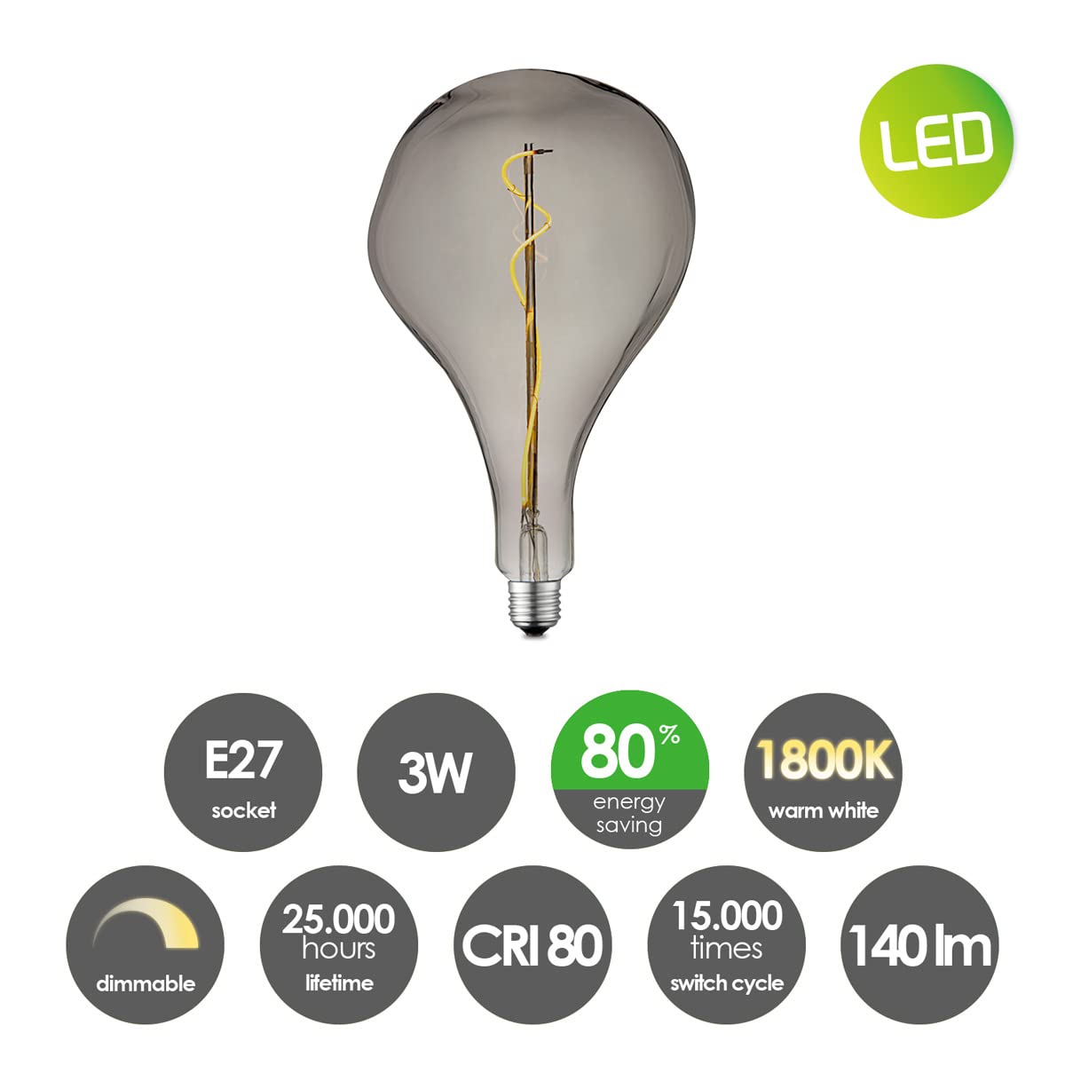 home sweet home collection Edison Vintage E27 | LED-Filament-Leuchtmittel Flex | Blown LED-Lampe | Rauch | Dimmbar | 3W 140lm 1800K | warmweißes Licht | für E27-Fassungen