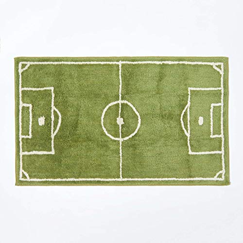 HOMESCAPES – Tapis Tufté Football - 100% Coton – Terrain de Foot - Vert Blanc - 60 x 100 cm – Grand Tapis Salle de Bains ou Tapis Enfant