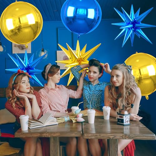 Image of 6pcs 22 inch Blue Gold Star Balloons and 4D Large Foil Balloons, Gold Foil Star Balloon Dark Blue 4D Aluminum Balloon For Birthday Baby Shower Party Wedding Father's Day Graduation men boys Decor