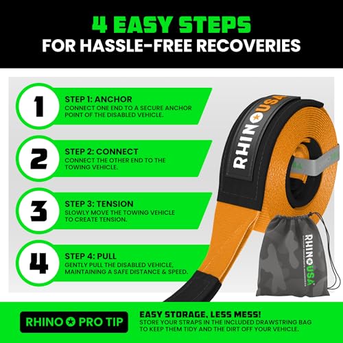 Image of Rhino USA Recovery Tow Strap (3 inchx20')- 31,518lb Break Strength- Emergency Recovery Strap Tow Rope for Truck, UTV, ATV & More- Heavy Duty Towing Strap for Offroad 4x4 Use- Compatible with Jeep (Orange)