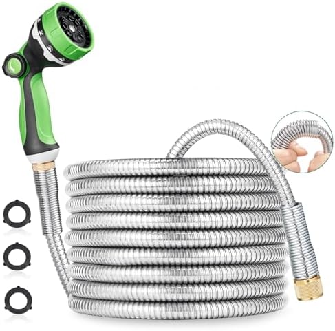 HOMEIDEAS 25 ft Leak-proof Stainless Steel Metal Garden Hose Set - Newly Premium SUS304 Spring Protective Sleeve, Anticorrosive 3/4