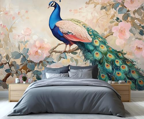 YXQAIED Papel pintado de pavo real, papel pintado floral de pavo real, papel pintado oriental para sala de estar, mural impreso en 3D no autoadhesivo, 150 x 105 cm