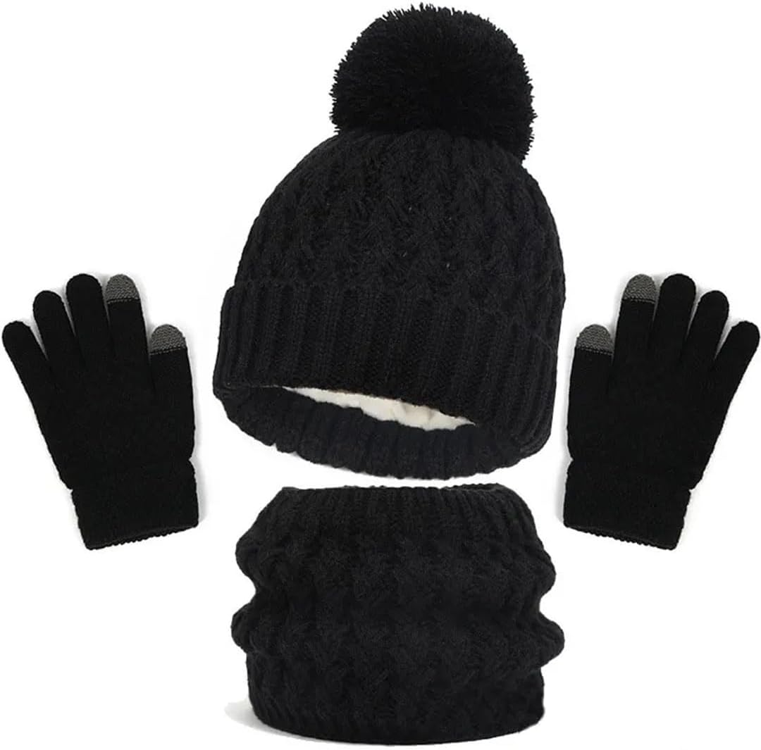 Children Scarves Knitted Beanie Cap Cute Pompom Winter Hat Scarf And Gloves 3Pcs Set For Girls Boy