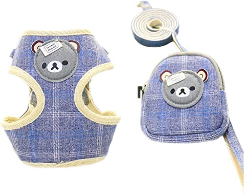 ABRRLO 犬 猫 ハーネス リード セット ポーチ付 中小型犬 おしゃれ メッシュ クマ 柄 可愛い 調整可(ディープブルーM)