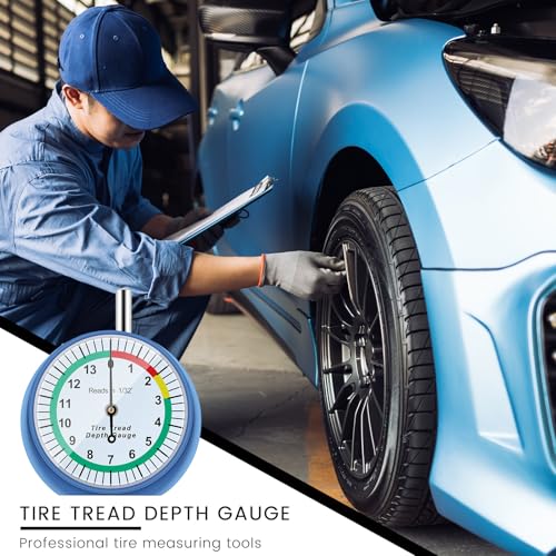 Image of Tallew 10 Pack Tire Tread Depth Gauge in 32nds Dial Type Tire Depth Gauge with Color Coded Easy Reading Bulk Tire Tread Gauge Professional Tool for Motorcycle Car Truck Bus, Blue and White