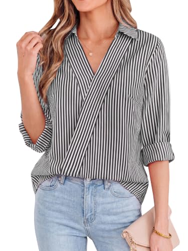 KIRUNDO Striped Fall Outfits V Neck Dressy Women Tops(Black,S)