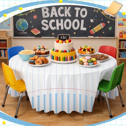 Image of Ganeen 6 Pcs 84 Inch Notebook Plastic Tablecloths Preschool Classroom Party Decoration Round Disposable Table Covers for Back to School Kindergarten Classroom Party Decoration