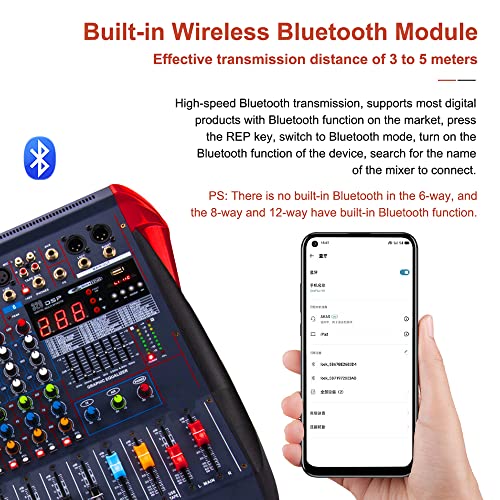 Ficha técnica CVNIMV Consola mezcladora de Sonido de Audio para DJ Mini de 6 Canales con Interfaz USB Bluetooth grabación estéreo alimentación Fantasma de 48 V 320 Efectos DSP para karaoke - Fernando Cortés