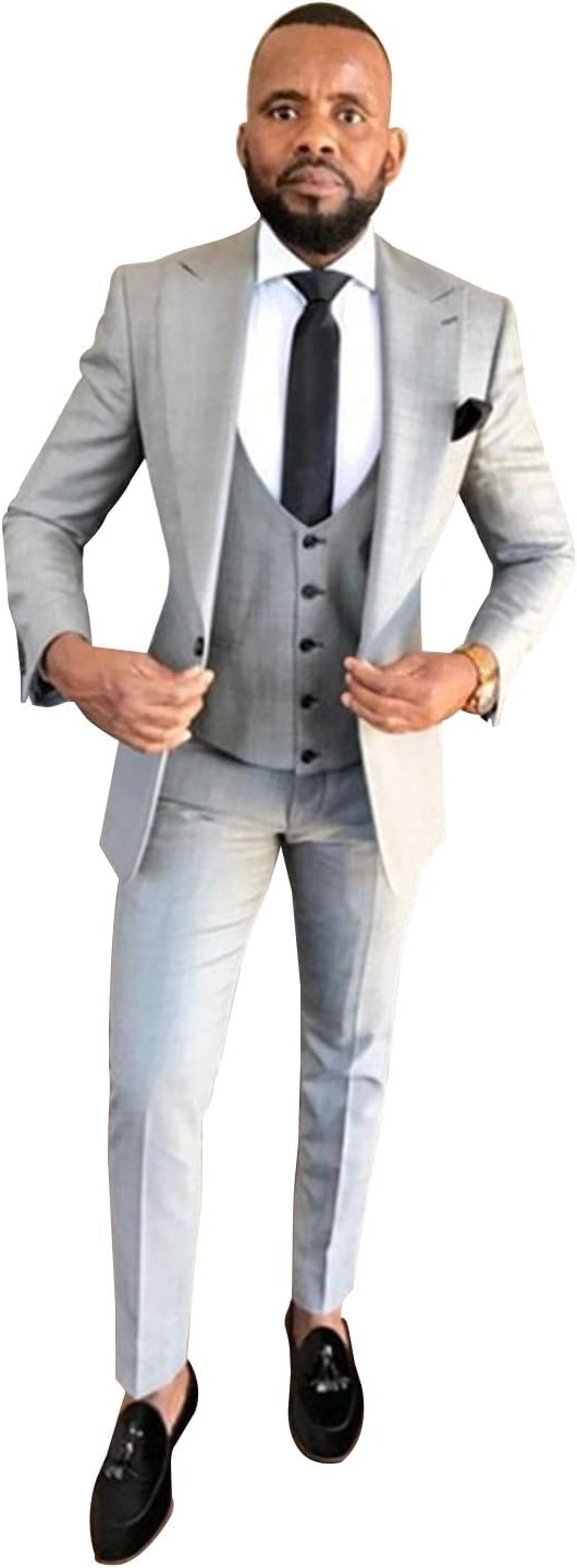 UMISS Men's 3 Pieces Suit Peak Lapel Slim Fit Single Breasted Jacket Vest Pants Set