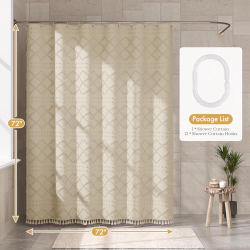 Image of AmazerBath Boho Farmhouse Shower Curtain with Tassels, Soft Cloth Chevron Beige Shower Curtain Set, Fabric Diamond Stripes Rustic Shower Curtain with Hooks, Hotel Quality, 72x72 Inches